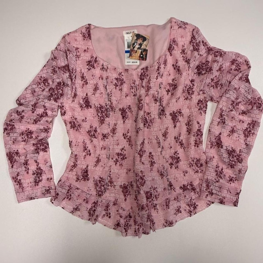Self Esteem Floral Lace Blouse Pink Black Sheer Sleeve Womens XL